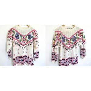 Vtg 80s Jennifer Reed Hand Knit Floral Sweater Cottagecore Intarsia Medium M